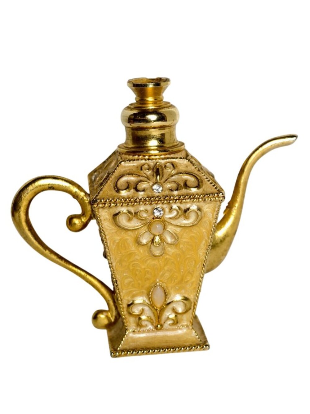 Vtg Perfume Bottle Gold Tone Ornate Mini Teapot Intricate Design Rhinestone Acce - Picture 3 of 5